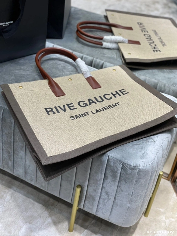 Tony Luxuries AND TOTE YSL RIVE LINEN BAG IN LEATHER GAUCHE 0812